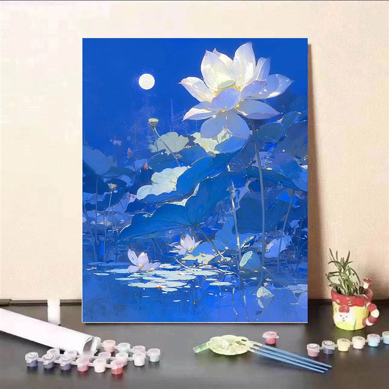 夏日荷花数字f油画手工diy油彩画填充涂色高级感丙烯手绘装饰画图片