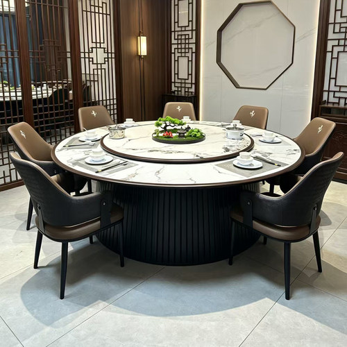 酒店餐桌大圆桌带电动转盘2米3米宴会桌20人饭店岩板电磁炉大圆桌
