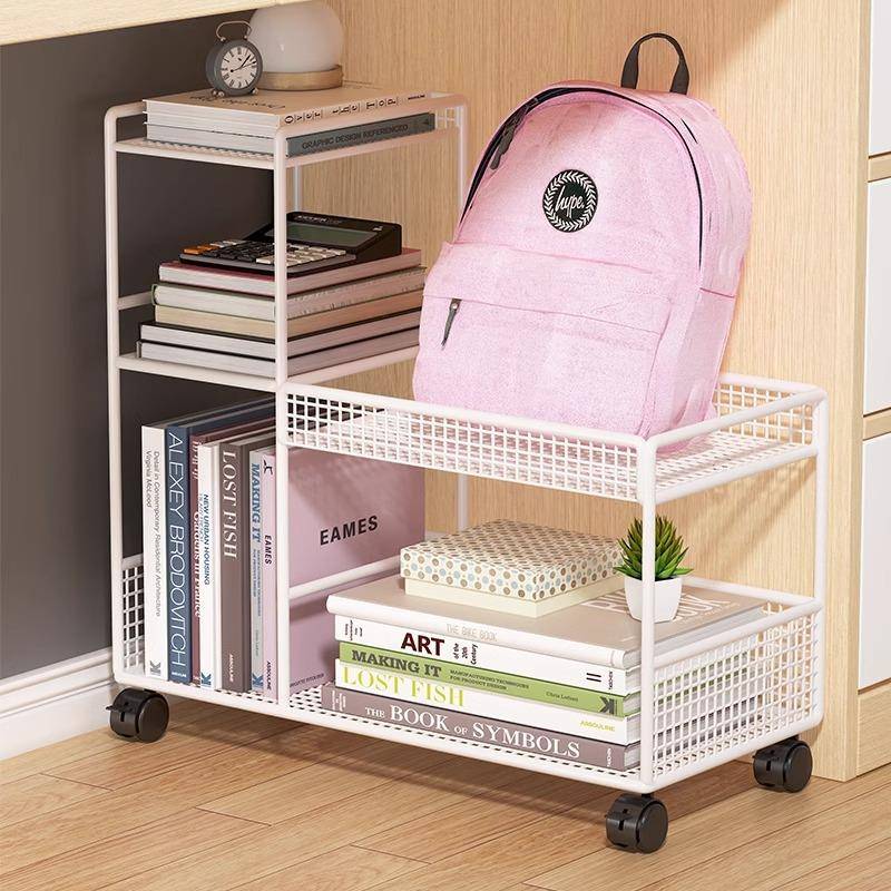桌下置物架书架移动收纳柜落地带轮收纳书包书本收纳架小推车简易
