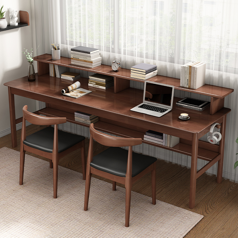 双人实木书桌书架一体靠窗长条办公桌简约家用卧室学生学习书桌