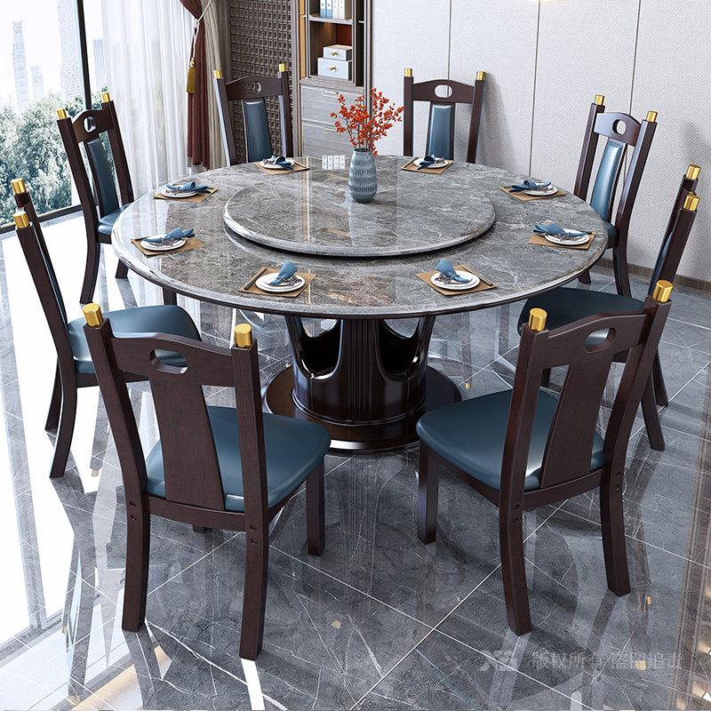 岩板新中式圆餐桌饭店餐桌椅组合10人全实木圆桌家用大理石1.8米