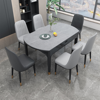 岩板餐桌椅组合伸缩折叠现代简约实木可变圆桌吃饭桌子家用小户型