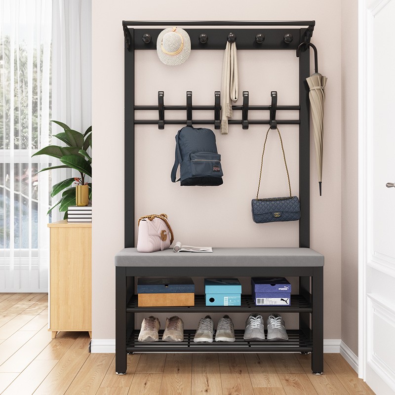 门厅铁艺衣帽架进门口鞋柜衣架一体落地式挂衣架靠墙式挂包架