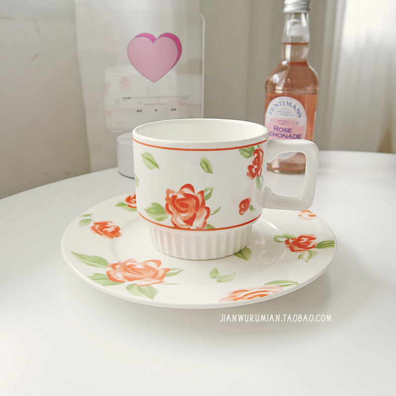 太美啦!ins陶瓷玫瑰花把柄马克杯餐盘点心碟咖啡牛奶早餐杯