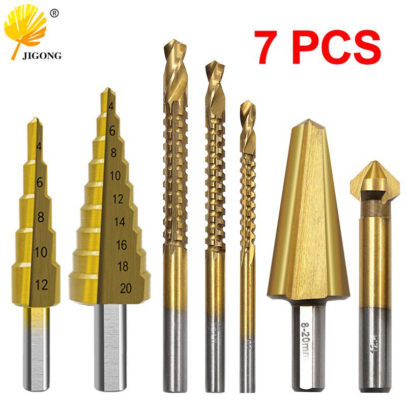 7pcs扩孔钻头套装三角柄镀钛阶梯钻伞形钻圆柄三刃倒角器拉槽锯钻