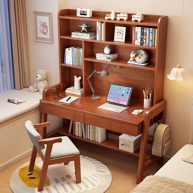 书桌学生家用实木儿童学习桌小学生初中生写字台式电脑桌书架一体