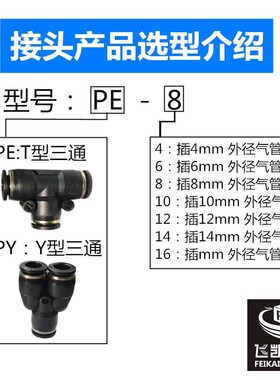 快速快插气管接头 气动元件黑色塑料T型三通配件PE4 6 8 10 12 16