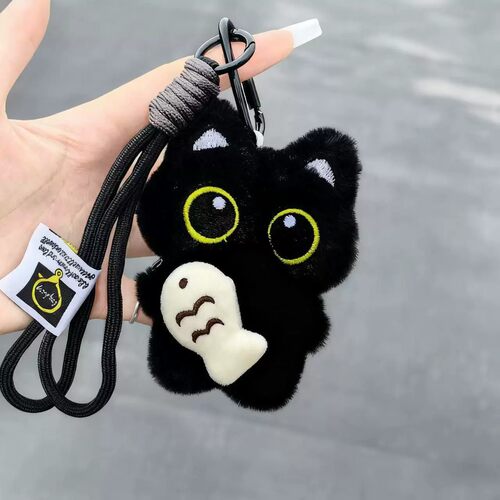 送朋友~呆萌抱鱼小黑猫挂件
