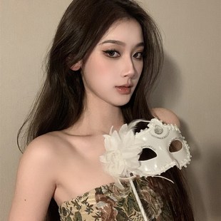 化妆舞会面具鎏金之夜年会晚会假面舞会面罩手持半脸羽毛面具装扮