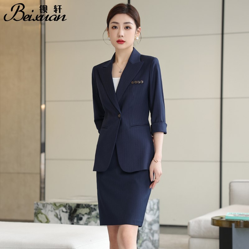 蓝色条纹西装套装女2023夏季新款商务职业正装高级感气质通勤工装