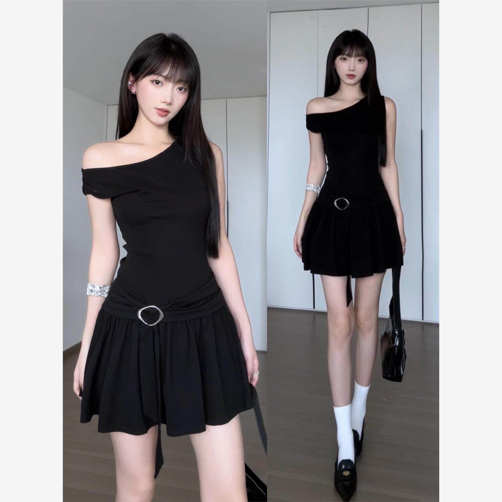 下周六女夏季收腰黑色裙子露肩美式辣妹短裙一字领斜肩鱼骨连衣裙