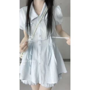 新款 蓝色清纯甜美polo连衣裙女收腰显瘦温柔风夏季 学院风少女裙子