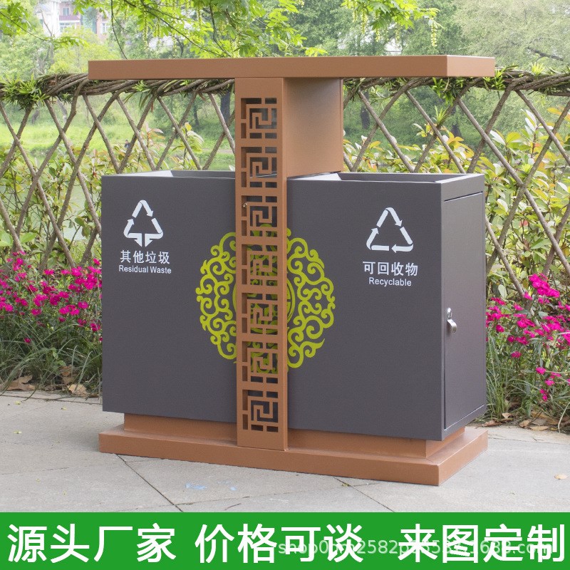 户外木制仿古垃圾桶景区街道公园垃圾分类带花箱大号防腐木垃圾箱