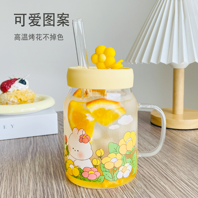 大容量水杯早餐可爱带粗吸管大肚玻璃杯高颜值冷饮耐高温奶茶杯子