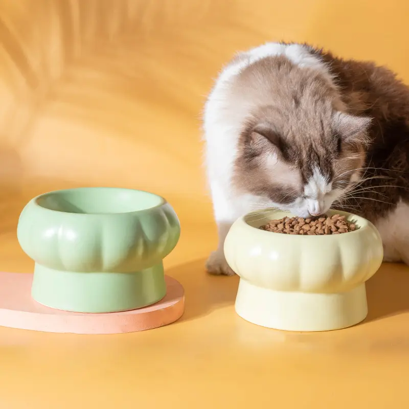 哇噢定制陶瓷猫碗蘑菇猫咪粮碗高脚保护颈椎釉下彩宠物碗