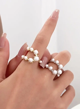 气质双层珍珠戒指 个性小众设计合金几何开口食指戒ins风指环