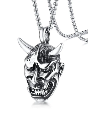 促销新款霸气牛角不锈钢般若之面吊坠钢色男士 鬼脸铸造项链饰品