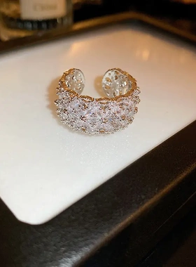 欧美时尚锆石花朵开口戒指小众轻奢气质食指戒个性冷淡风手饰