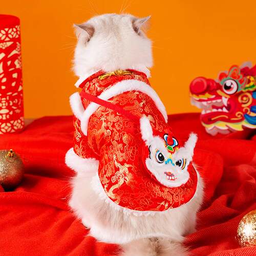 猫咪秋冬季两脚过年喜庆虎头挎包棉衣狗狗新年唐装泰迪宠物猫衣服