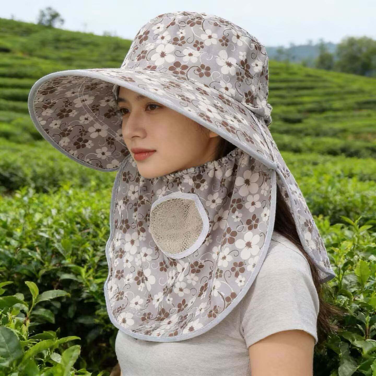 夏季蓝色碎花护颈防晒帽女全脸包裹大帽檐透气采茶务农户外遮阳帽