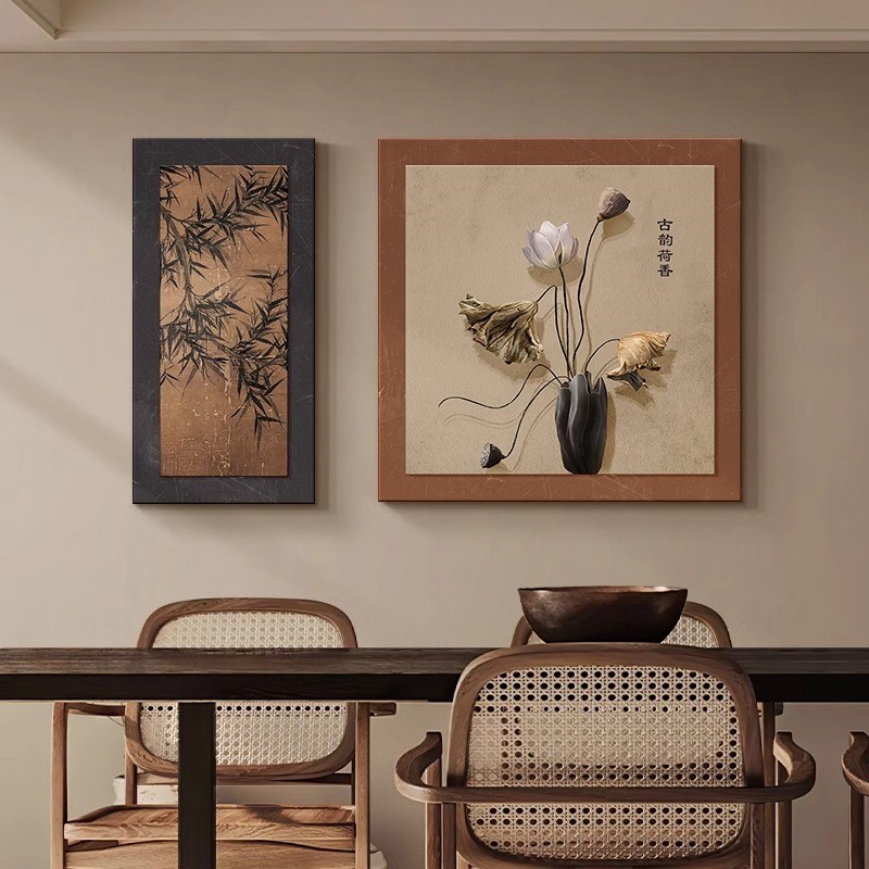 复古餐厅装饰画中古风饭厅背景墙挂画新中式荷花禅意茶室新款壁画