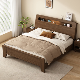 胡桃木实木床中古风大床1米8双人床可置物带灯家用卧室1米5单人床