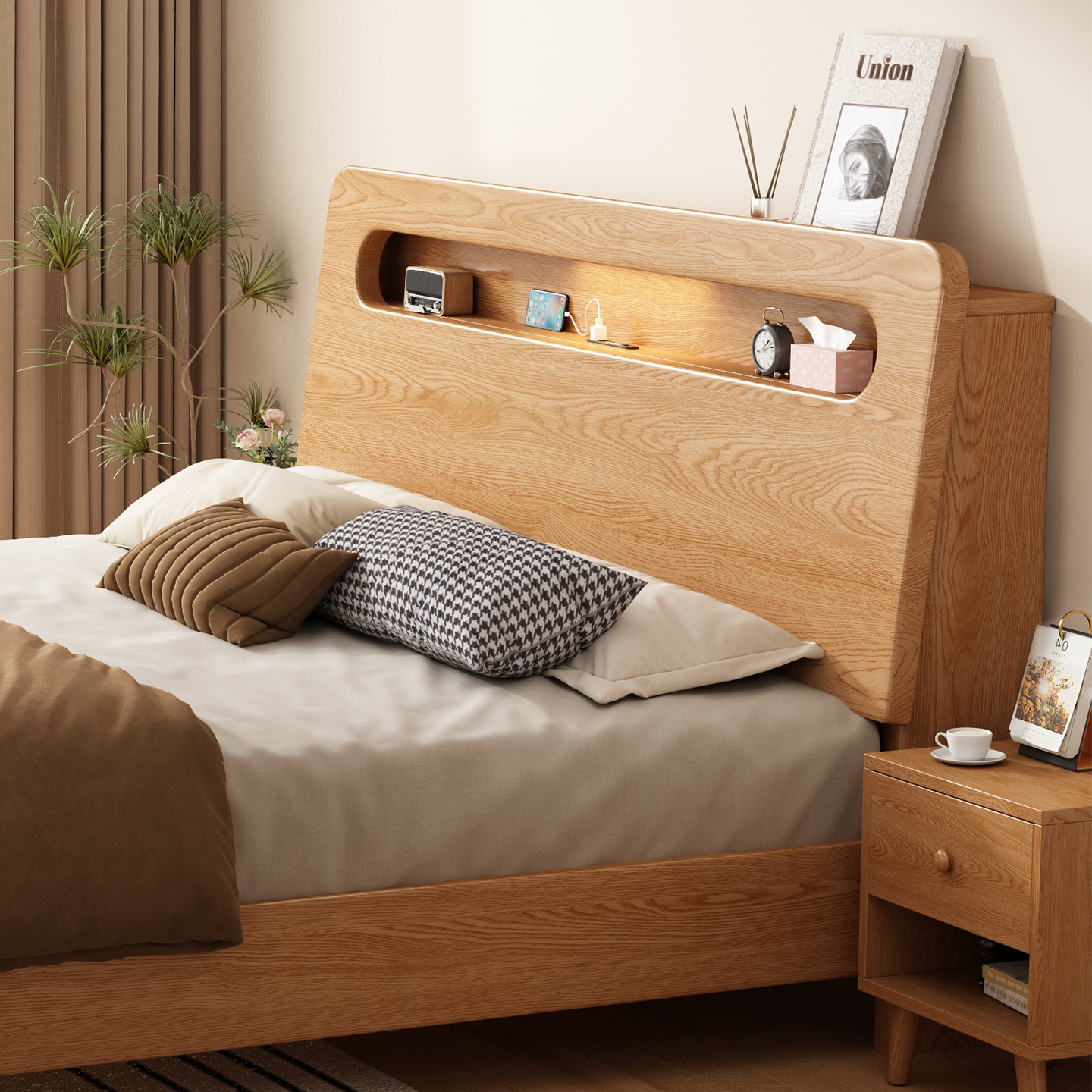 床1米8双人床现代简约1米5单人床出租房用橡木床家用卧室全实木床