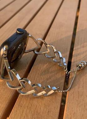 适用Apple watch8苹果SE爱心iwatch7代64321手表带不锈钢链条45mm