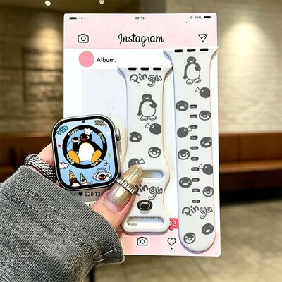 可爱企鹅适用于苹果手表表带iwatchsS11/10/9硅胶AppleUltra3白SE