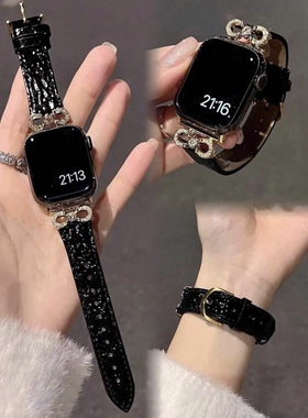 带适用于苹果手表iwatch78s9表带Apple watch654黑色金扣蝴蝶结女