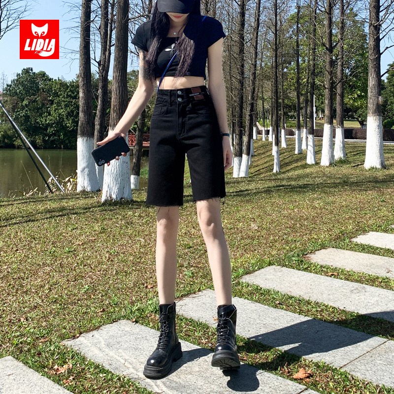 黑色高腰五分牛仔短裤女夏季新款梨形身材显瘦宽松阔腿直筒中裤子