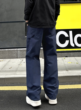 QUALCOMM美式潮牌复古宽松工装裤男冬款纯棉高街宝蓝色户外休闲裤