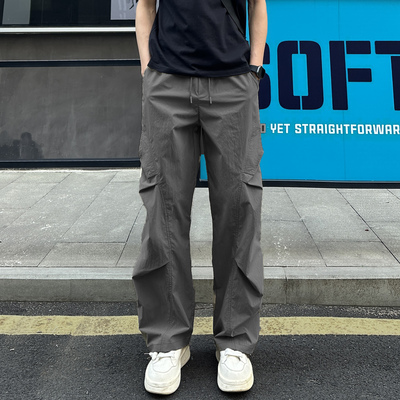 QUALCOMM美式潮流运动裤男女款秋冬新款伞兵皱感休闲裤宽松直筒裤