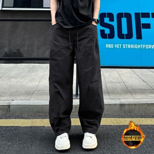 QUALCOMM黑色秋冬新款宽松直筒阔腿休闲裤子男加厚拼接褶皱伞兵裤