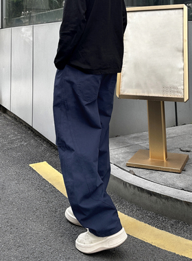 QUALCOMM美式宝蓝色工装裤男2025新款褶皱个性百搭阔腿运动休闲裤