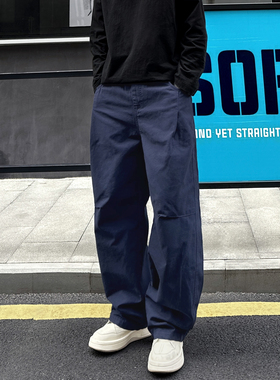 QUALCOMM复古宝蓝色工装休闲裤男秋冬新款Vintage直筒加绒长裤子