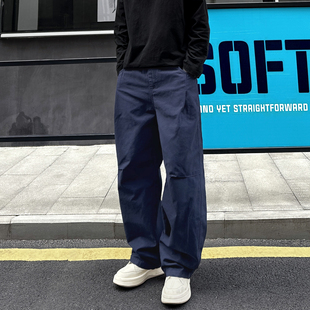 QUALCOMM复古宝蓝色工装休闲裤男秋冬新款Vintage直筒加绒长裤子