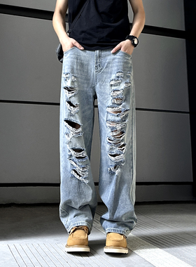 QUALCOMM蓝色潮流破洞毛边设计直筒裤男春夏季美式高街宽松牛仔裤