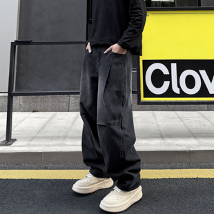 QUALCOMM2025年新款美式拼接弯刀牛仔裤男女秋冬季黑色直筒休闲裤