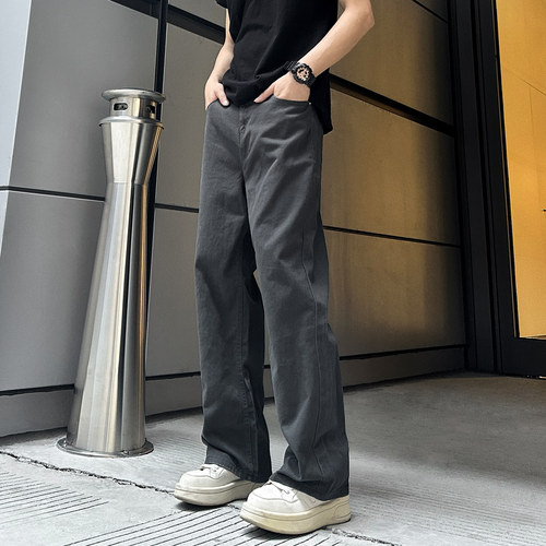 QUALCOMM军灰色宽松直筒牛仔裤男款春季美式复古cleanfit垂感长裤
