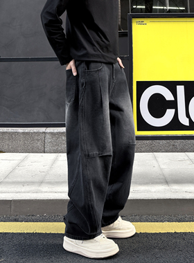 QUALCOMM2025年新款黑色直筒休闲裤男女秋冬季美式拼接弯刀牛仔裤