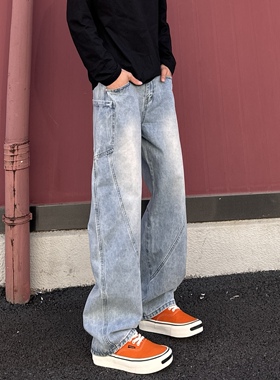 QUALCOMM2025秋冬新款美式弯刀牛仔裤男潮流宽松阔腿直筒长裤