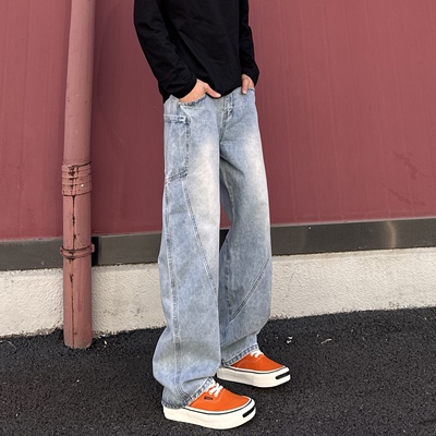 QUALCOMM2025秋冬新款美式弯刀牛仔裤男潮流宽松阔腿直筒长裤