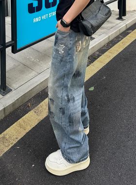 QUALCOMM秋季潮流扎染阔腿牛仔裤男2025新款美式复古宽松直筒长裤