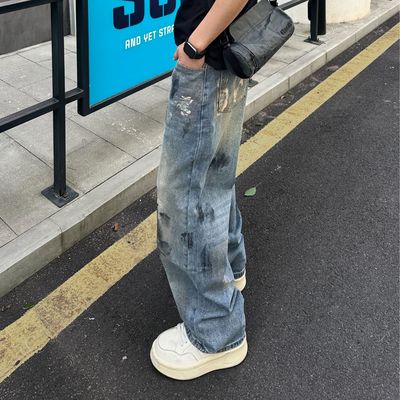 QUALCOMM秋季潮流扎染阔腿牛仔裤男2025新款美式复古宽松直筒长裤