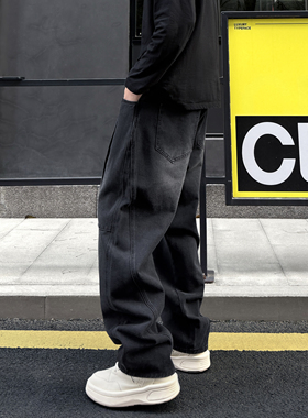 QUALCOMM美式潮牌拼接弯刀牛仔裤男女同款秋冬季黑色直筒休闲裤子