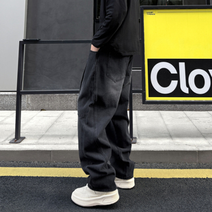 QUALCOMM美式潮牌拼接弯刀牛仔裤男女同款秋冬季黑色直筒休闲裤子