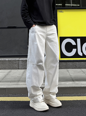 QUALCOMM美式复古白色宽松阔腿工装裤男秋冬小众设计感弧形弯刀裤