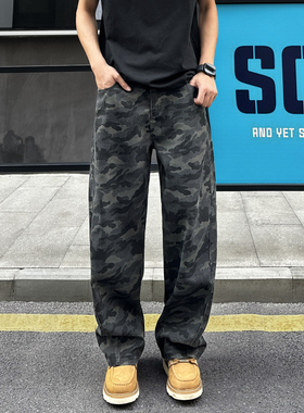 QUALCOMM美式复古潮流迷彩弯刀牛仔裤男女同款秋冬宽松显瘦直筒裤