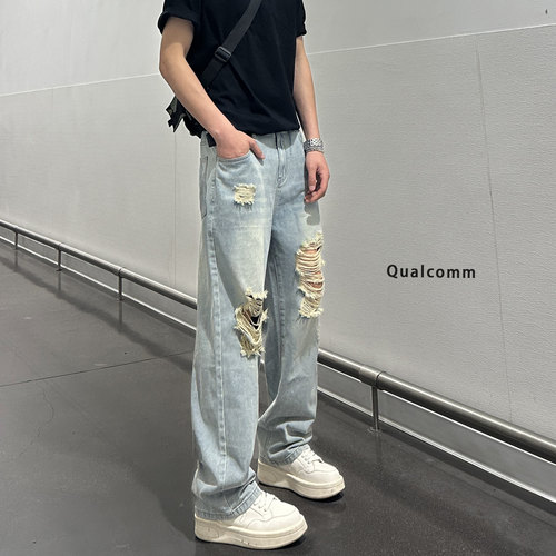 春夏款潮流美式破洞牛仔裤